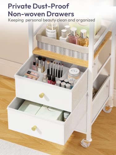 White Makeup Organizer Cart with Mirror and Storage Drawers - Rotating Vanity Trolley