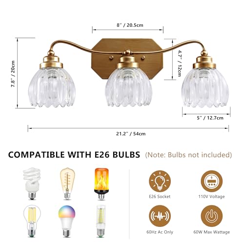 Brushed Gold 3-Light Vintage Vanity Lights with Clear Glass Shades - Antique Brass Finish