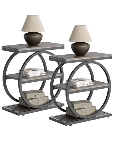 LITTLE TREE 3-Tier End Table - Slim Nightstand for Living Room & Bedroom, Grey/Black Variation 1