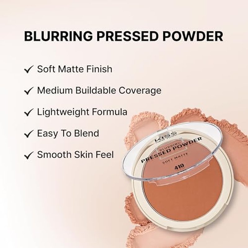 Kiss New York Soft Matte Pressed Powder (Deep Honey) With Dual Ended Powder Brush Set, Blurring Poreless Face Powder Makeup, Medium Coverage Setting Powder Infused with Salicylic Acid & Niacinamide
