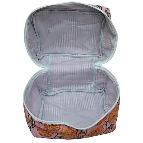 Rastogi Handicrafts Quilted Floral Cosmetic Bag, Organizer Bag Patterns, Striped Handle, Zipper Closure, Travel Make up Storage (Orange)