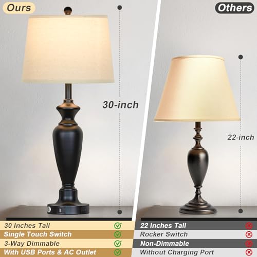 30-Inch Tall Set of 2 Black Touch Control Bedside Lamps with USB Ports & Outlets