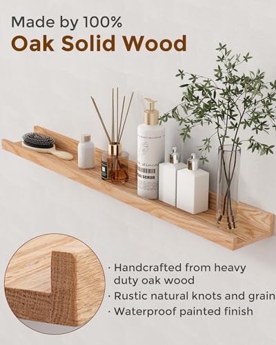 Oak Picture Ledge Shelf Set - 36 Inch Floating Wall Shelves with Lip, Natural Oak, Set of 2
