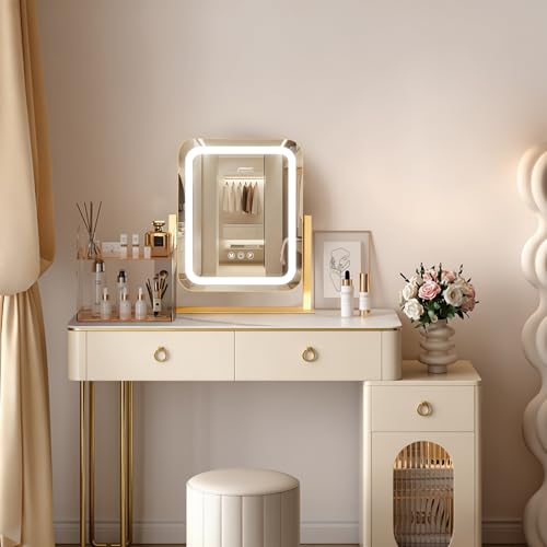 Gold Vanity Mirror with Lights 15"¡¿13", Led Makeup Mirror, Lighted Makeup Mirror with 3 Color Dimmable Lights, Smart Touch Screen Control, 360¡ÆRotation