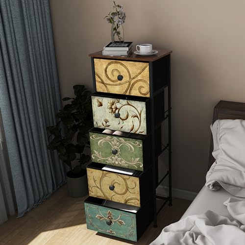Small Dresser with Retro Flower Fabric Drawers – Multi, 5 Drawers, 11.8 x 16.5 x 45.5 Inches