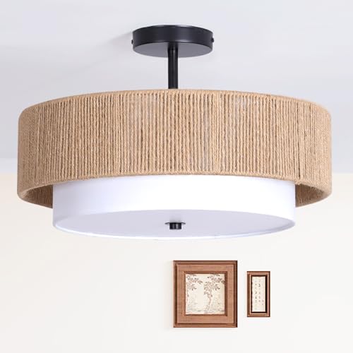 18-Inch Boho Rattan Semi-Flush Mount Ceiling Light for Bedroom