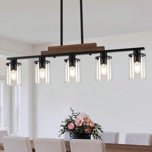 VbiTmn Farmhouse Black 5-Light Chandelier Dining Room Light Fixture - Adjustable Height