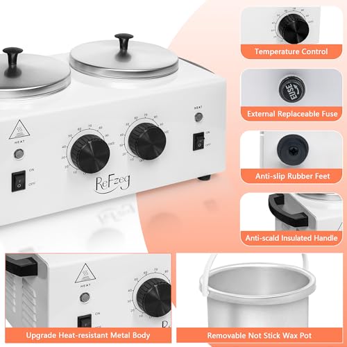ReFzeg Double Wax Warmer with 500ML Pots - Painless Hair Removal, White, 1 Pack