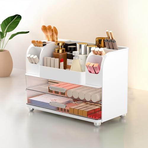 Makeup Organizer Countertop with 2 Large Drawers, Vanity Organizer with Brush Holder, Skin Care Storage for Dresser, Perfume Organizer for Lotion, Lipsitck, Palette(White)