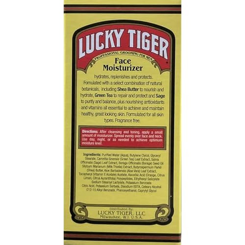 Lucky Tiger Face Moisturizer for Men (3.5 Fl Oz) ? Hydrating and Replenishing Facial Cream with Shea Butter & Green Tea ? Purifies & Reduces Wrinkles- Alcohol-Free & Fragrance-Free