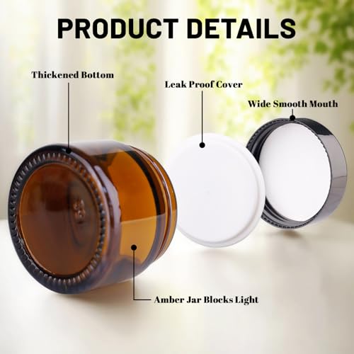 PetalPursuit 2oz Amber Glass Jars with Lids - 48 Pack, Light-Protective, Leak-Proof Storage for Cosmetics & Crafts