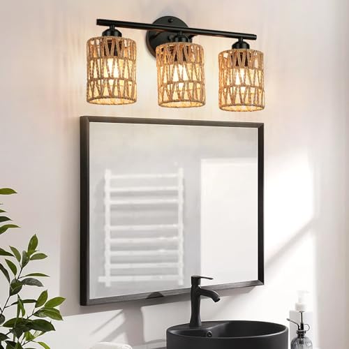 Bathroom Vanity Light Fixtures with Woven Rattan Shades - Matte Black Wall Sconces for Mirror, Bedroom, Living Room, Farmhouse Decor