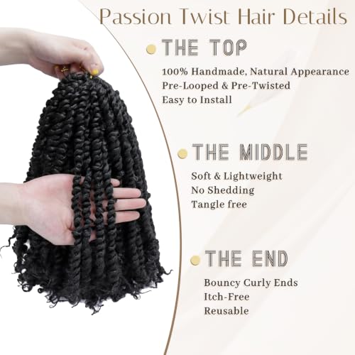 8 Packs Passion Twist Hair 10 Inch 1B Pre-Twisted Crochet Braids - Soft Lightweight Natural Look