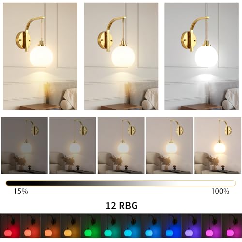 Gold Rechargeable Battery Operated Wall Sconce Set of 2 with RGB & Dimmable Warm White Light - Remote Control