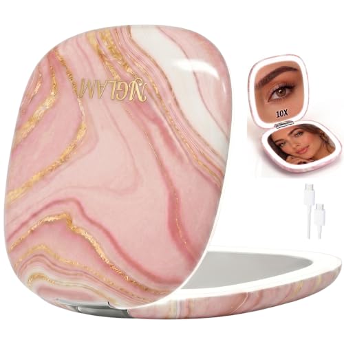 NJ GLAM Blush Marble LED Lighted Makeup Mirror 3.9 Inch Dual-Sided 1x/10x Magnification with Auto On/Off & USB Charging