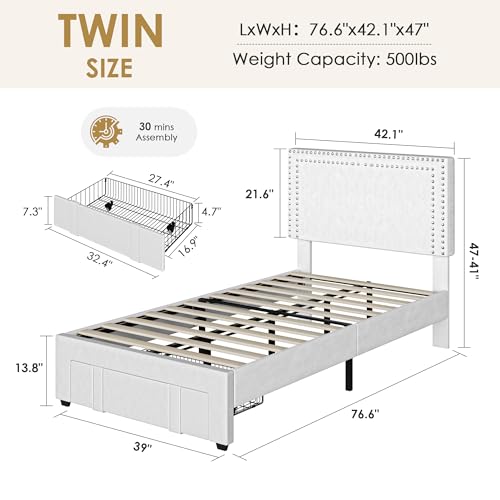VECELO Twin Size Upholstered Storage Bed Frame with Adjustable Headboard - White