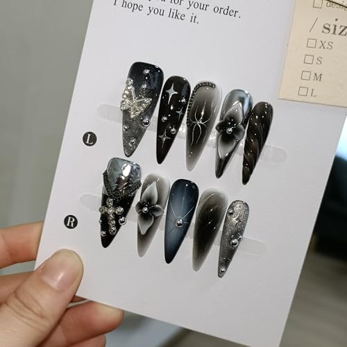 Handmade Press on Nails Long Stiletto - Gothic Cat Eye Blushing Ombre Fake Nails with 3D Chain Design | Ultra Thin Flexible False Nails with Tools| Dark Stiletto Y2K Nails For Women Girls(S)