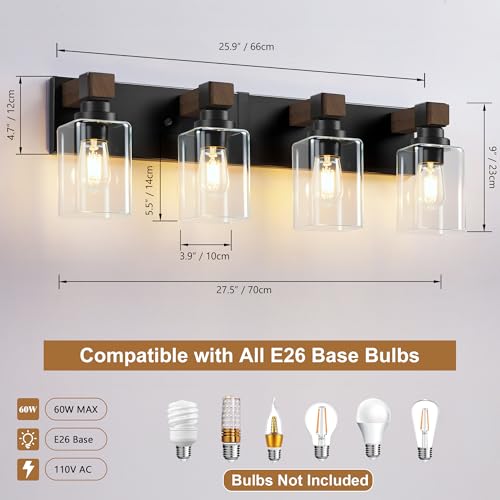 Farmhouse Black 4-Light Bathroom Vanity Light with Square Glass Shades - EvmVom