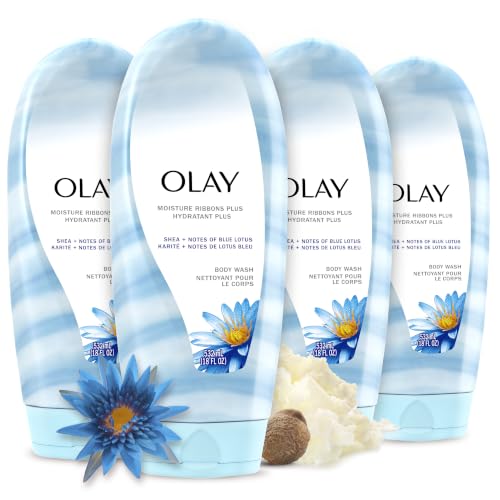 Olay Body Wash for Women, Moisture Ribbons Plus Shea Butter & Blue Lotus, Deep Conditioning, 18 fl oz Pack of 4