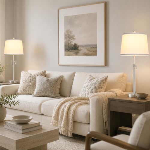 Silver White Shade Set of 2 Modern Adjustable Table Lamps - 22 to 30 Inch Bedside & Living Room Lighting