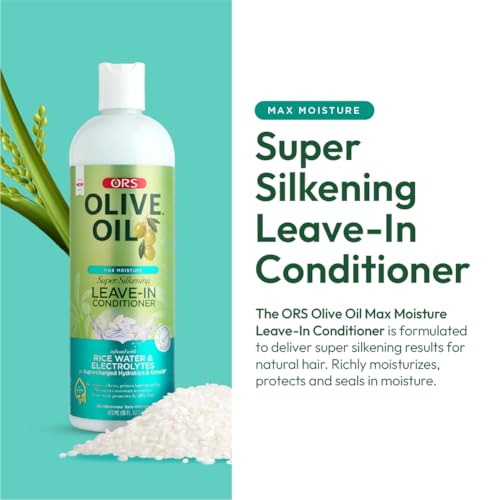 ORS Olive Oil Max Moisture Leave-In Conditioner with Rice Water and Electrolytes for Supercharged Hair Hydration 16.0 Ounce (Pack of 2)