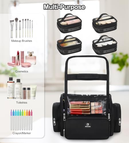 Extra Large Makeup Brush Case with 4 Small Bags - Travel Organizer with Adjustable Dividers & Shoulder Strap - Black