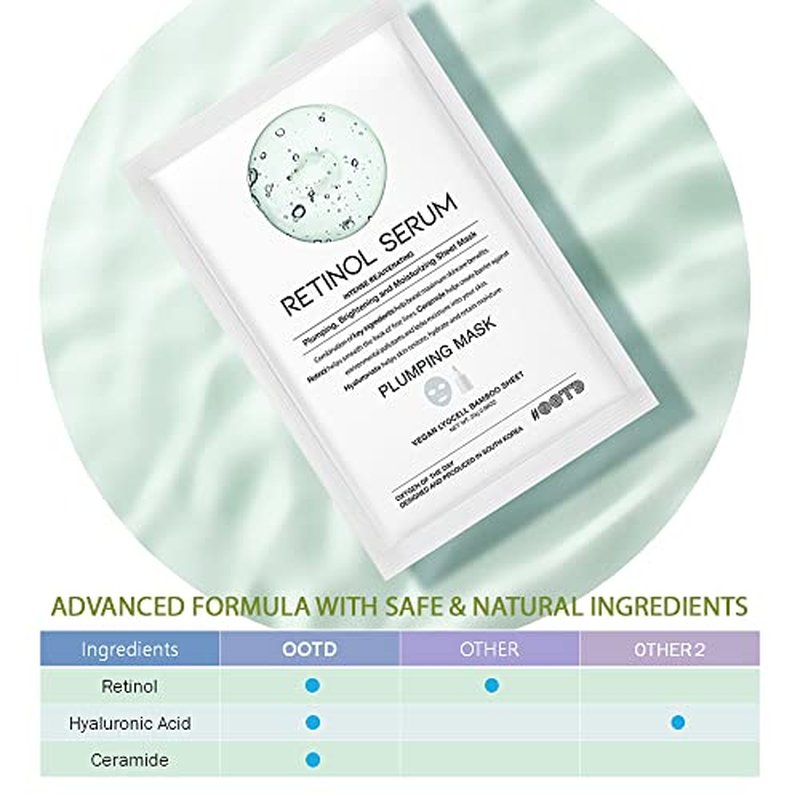 #OOTD Intense Rejuvenating Retinal Serum Vegan Sheet Mask [10 Count] Soothing Korean Beauty Bamboo Lycocell Facial Masks Sheets with Retinol, Ceramide, Hyaluronate Formula [ EVE Vegan Certified ]