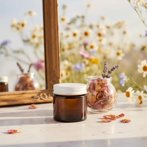 12 Pack Amber Glass Jars with White Metal Airtight Lids - 1.75 Inch
