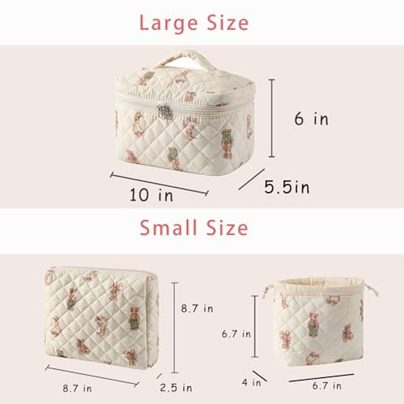 3pcs Large Cotton Quilted Makeup Bag Set,Coquette Aesthetic Cute Travel Toiletry Bag,Drawstring Gift Bag for Women and Girls(3Pcs White Bear)