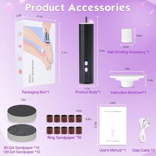 Electric Foot Callus Remover, Professional Pedicure Kit for Women & Men - Electric Foot File with Speed Adjustment & Rotation Control for Feet Care, Includes 20Pcs Sandpaper + 10Pcs Barrel Sandpaper
