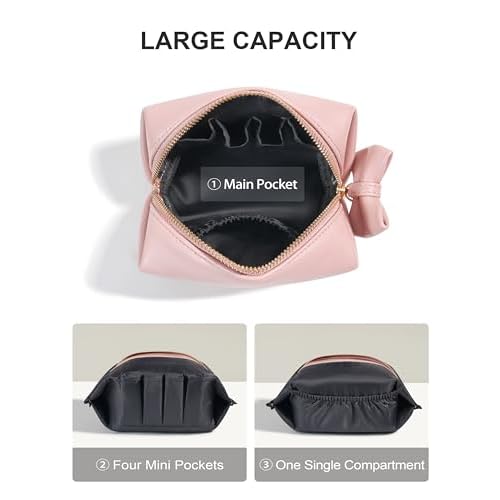 Rownyeon Makeup Bag Cosmetic Travel Toiletry Pouch Bow-knot Cute Handbag Leather Purse for Women Girls,Pink