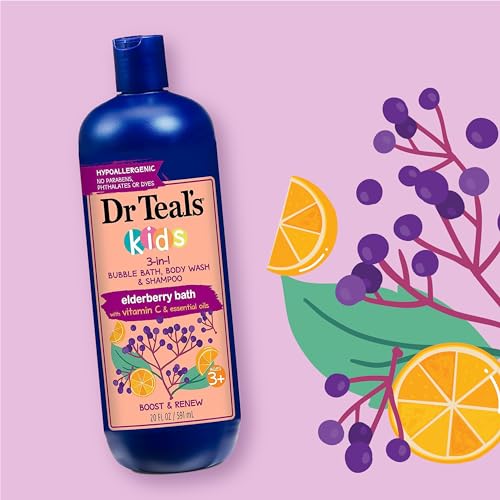 Dr Teal's Kids 3-in-1 Elderberry Bath: Bubble Bath, Body Wash & Shampoo, 20 fl oz. & Kids 3-in-1 Sleep Bath: Bubble Bath, Body Wash & Shampoo with Melatonin & Essential Oil, 20 fl oz (Pack of 3)
