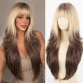 Ombre Blonde Brown Long Wavy Heat-Resistant Wig with Bangs - 26 Inch for Women - Natural Synthetic Layered Style