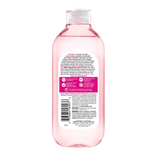 Garnier Micellar Water with Rose Water and Glycerin, Hydrating Facial Cleanser & Makeup Remover, For All Skin Types, Vegan, Cruelty Free, 13.5 Fl Oz (400mL), 1 Count