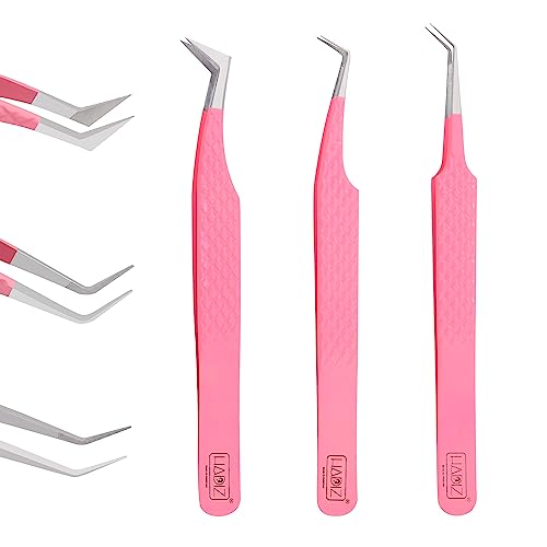 Hadiz Fiber Tip Volume Lash Tweezers Eyelash Extensions Volume Mega Volume 45 and 90 Degree Tweezers(Pack of 3, PINK)