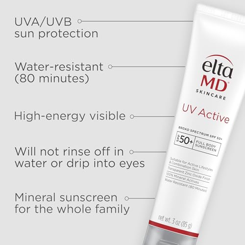 EltaMD UV Active Mineral Sunscreen with Zinc Oxide, SPF 50+, Water Resistant Sunscreen Up to 80 Minutes, 3.0 oz Tube