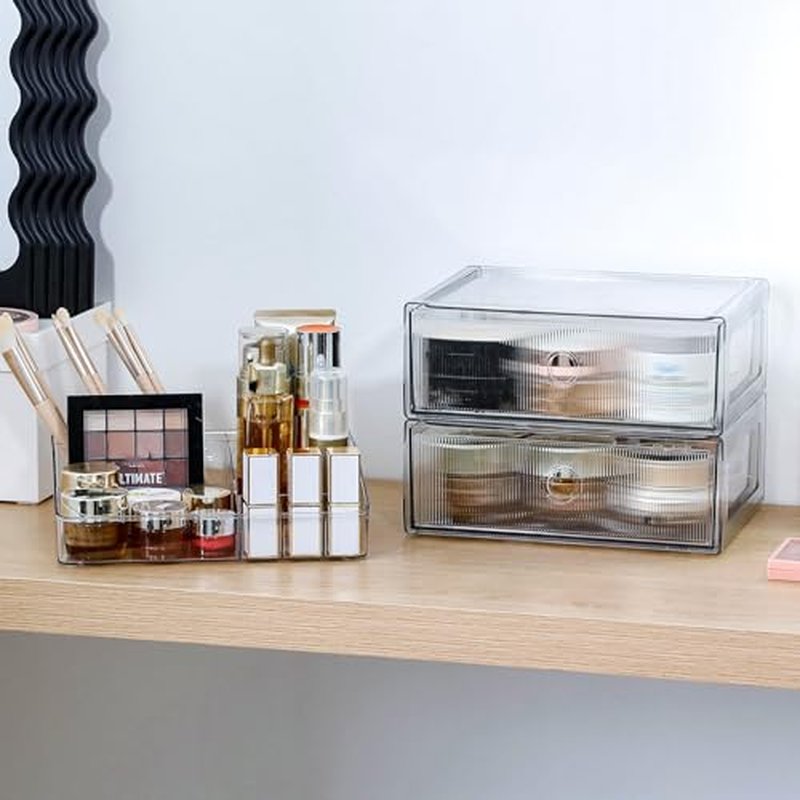 3-Tiers Makeup Organizer with Drawer, Stackable Skincare Storage Box for Vanity and Bathroom, Beauty Essentials, Cosmetic Brushes, Perfume Stand, Large Lipsticks Holder