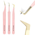 Lash Tweezers Set for Eyelash Extensions - 3 Precision Fiber Tip Diamond Grip, Volume,L-shape Boot, 90 Degree Lash Tweezers for Volume Classic Lashes Premade Fans (3)