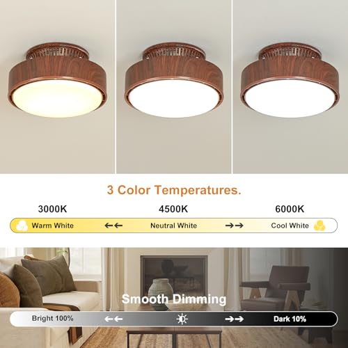 Walnut Bladeless Ceiling Fan with Lights, 11 Inch Flush Mount Fandelier, Remote Control, Dimmable LED for Bedroom & Kitchen