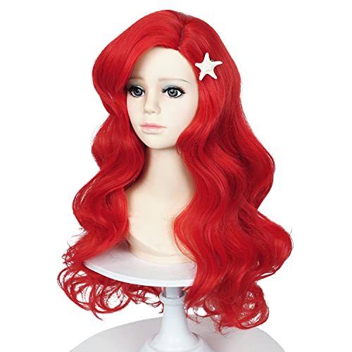 Bright Red Kids Mermaid Wig with Starfish Hair Clips - 21 Inch Curly Costume Wig for Girls