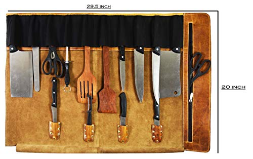 29.5x19.7 Inch Leather Knife Roll Bag - Caramel, Expandable Chef Storage Case