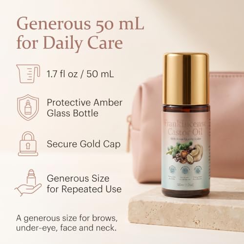 Organic Castor Oil Roll-On with Rose Quartz & Frankincense for Face & Eyes, 1.7 Fl Oz