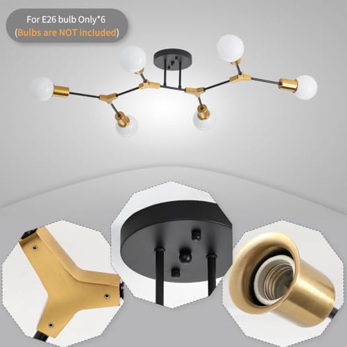 QUOOBE Gold and Black Sputnik Ceiling Light Fixture - 6-Light Mid Century Flush Mount