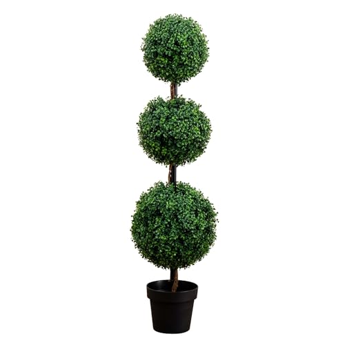 Nearly Natural 4 ft Artificial Triple Ball Boxwood Topiary Tree with Pot - Green