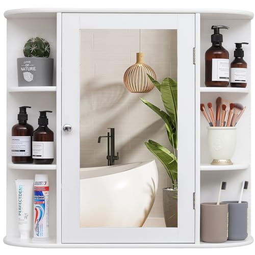 Bathroom Medicine Cabinet with Mirror, Wall Mount Storage - White, 26L x 6.3W x 25.2H - Includes 2 Adjustable Shelves & 6 Open Shelves