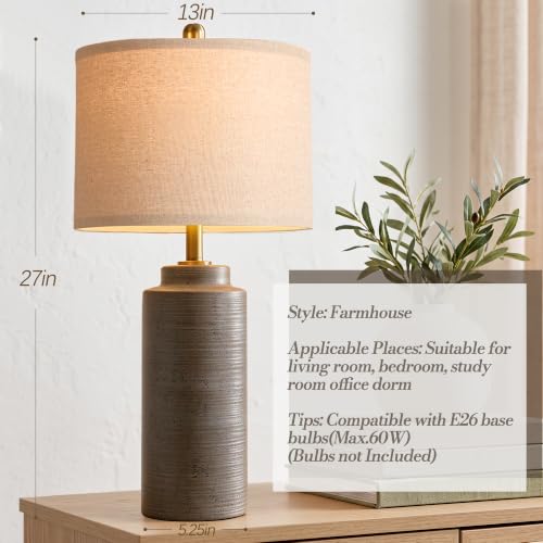 PARTPHONER 27" Greyish Brown Vintage Ceramic Table Lamp Set of 2 | Ribbed Texture, Brass Accents, Linen Shade