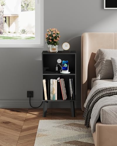 Record Player Stand with Charging Station - Mid Century Tall Nightstand