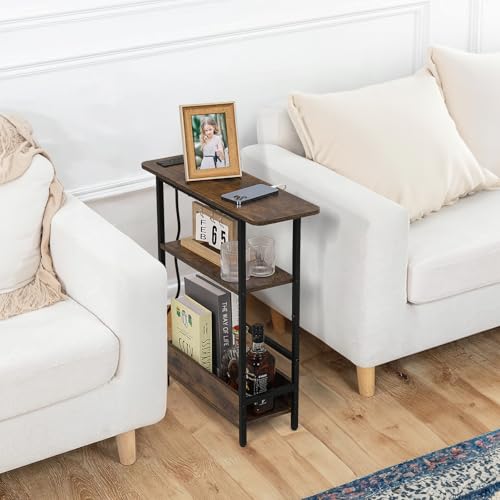 Narrow End Table with USB-C Charging Station - 3-Tier Slim Side Table - USB-C Model