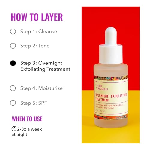 Good Molecules Overnight Exfoliating Treatment Pack 2 ? 1 fl oz / 30 ml Each | Lightweight Face Exfoliator with AHA & BHA, Glycolic & Salicylic Acid