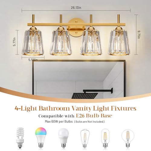 KernLite Gold 4-Light Crystal Bathroom Vanity Light Fixtures Over Mirror - Modern Wall Sconce with Ceramic E26 Base, Up or Down Mount